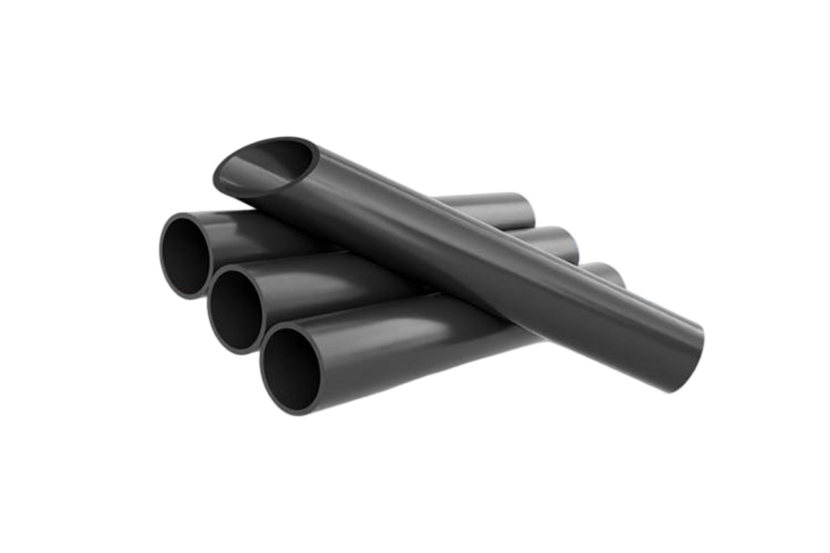 Finished PVC-U pipe, marked and bundled — ready for solvent-weld jointing on site.